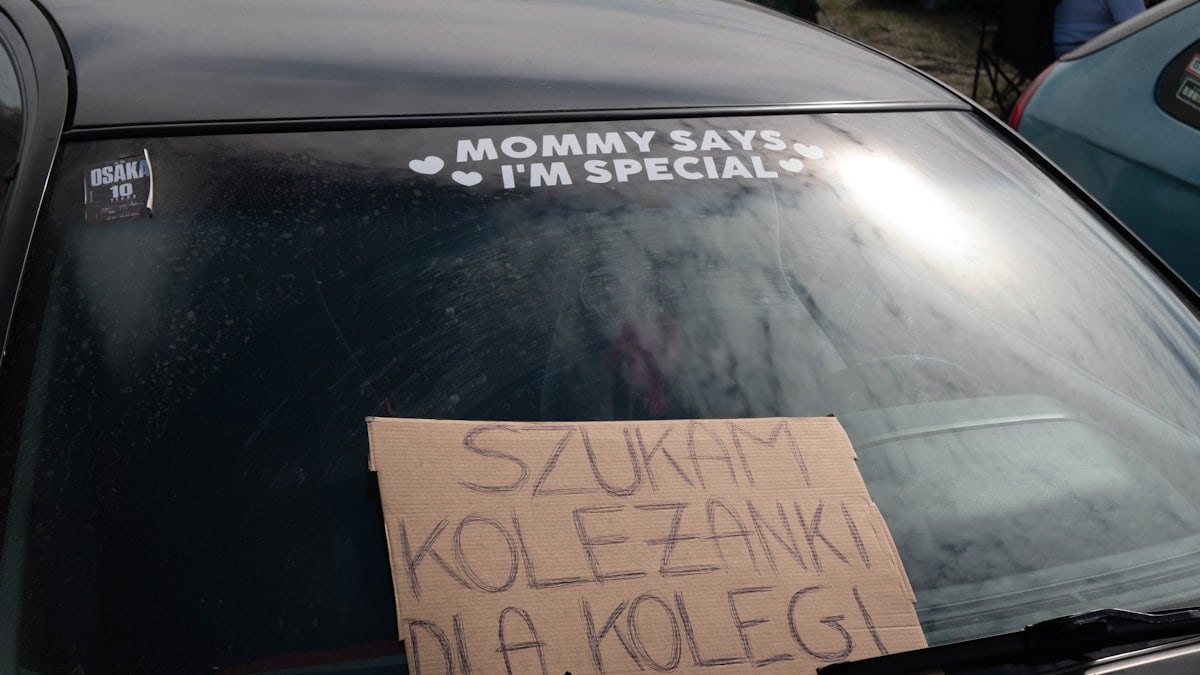 Car windshield with a handwritten sign seeking a girlfriend.
